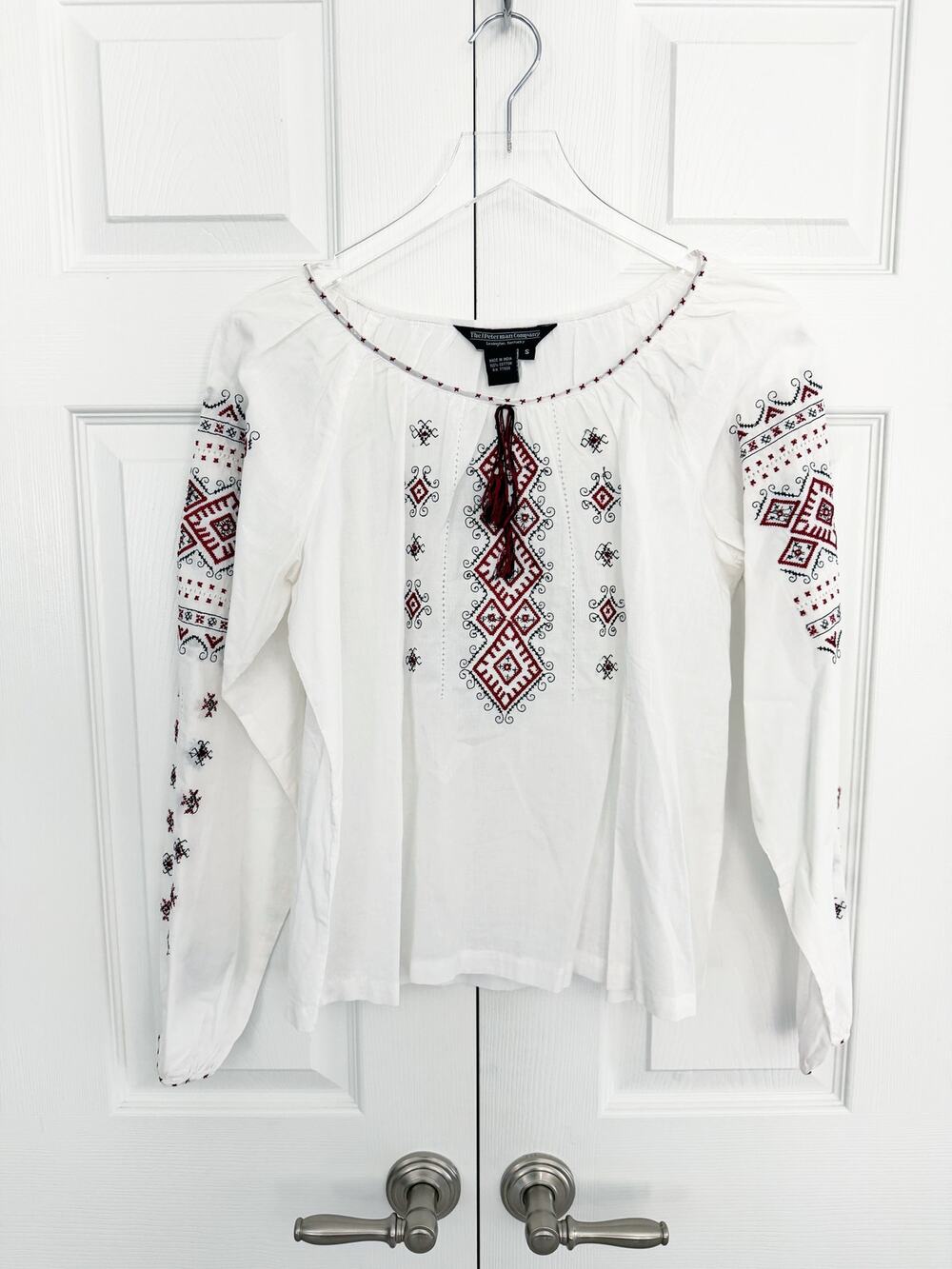 J. Peterman Embroidered Peasant Blouse White Red Black Top Boho Folk Cottagecore